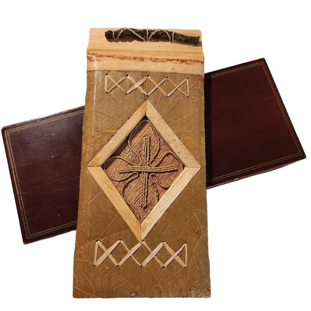 Vintage Handmade Rattan Address Book With Leaf Design & Twine Binding Boho Cotta